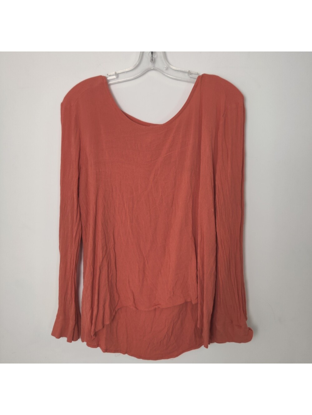 Lapis Terracotta Rust Crinkle Knit Bell Sleeve High Low Tunic Top XL
